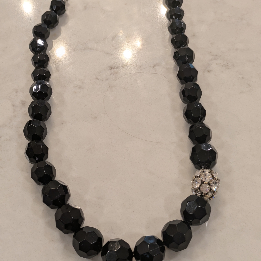 NY Collection Vintage Black Faceted Beaded Necklace W/Crystal Cluster And Earrin
